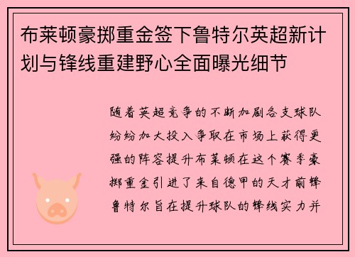 布莱顿豪掷重金签下鲁特尔英超新计划与锋线重建野心全面曝光细节 布莱顿豪掷重金签下鲁特尔英超新计划与锋线重建野心全面曝光细节